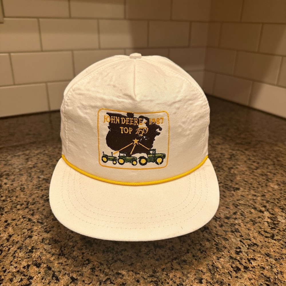 Vintage John Deere 1987 Top 150 Rope Hat Snapback White Leather Strap Back